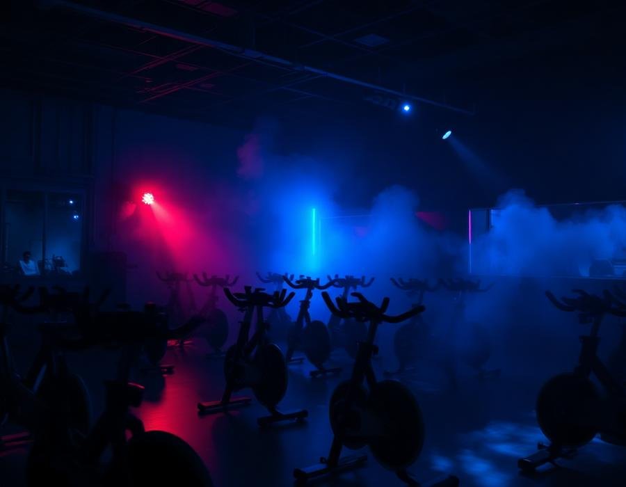 Sala de cycling imersivo com luzes azuis